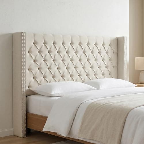Madison Park Amelia Upholstered Headboard | Nail Head Trim Wingback Button Tufted | Queen, Cream