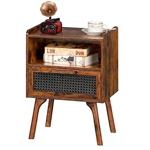 Lerliuo Rattan Nightstand, Boho Side Table with Drawer Open Shelf | Cane Accent Bedside End Table with Solid Wood Legs for Bedroom, Dorm and Small Spaces (Brown)