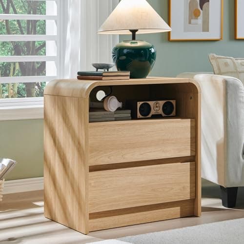 Aitjunz 25" Tall Modern Nightstand, Wood Curved Bedside Table, Natural Oak | 23.6'' Wide Bedside Table w/2 Storage Drawers, Curved Profile Design, Charging Station, Mid Century End Table for Living Room