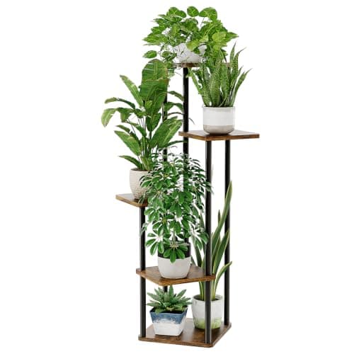 Bamworld Plant Stand Indoor 5 Tier Corner Plant Shelf for Multiple Plants | Tall Metal and wood Flower Stand Saves Floor Space with Staggered Tiers for Plants of Different Sizes
