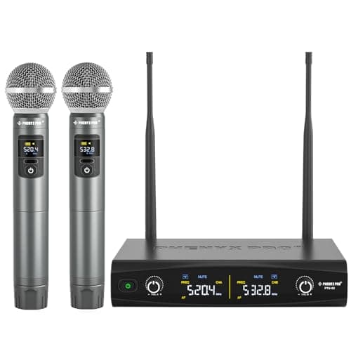 Phenyx Pro Dual UHF Tunable Frequency Wireless Microphone System PTU-52-2H | 2 Metal Mics, 2 x 30 Frequencies, 200 ft Range, Live Vocals, Karaoke, Church Services, Singing, Wedding, DJ Events