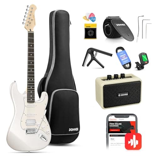Donner DST-152 Full-Size Electric Guitar Beginner Kit with HSS Coil Split | Solid‑Body Full Starter Set, for All Skill Levels, Amplifier with Headphone Jack for Quiet Practice, Polar White