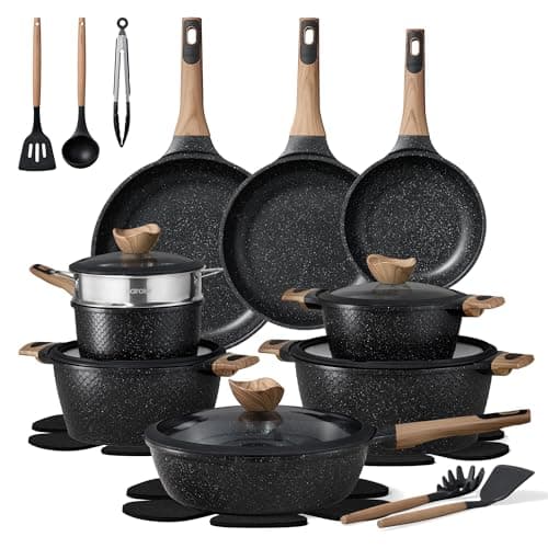 CAROTE 26pcs Non Stick Pots and Pans Set, Cookware Set | Induction Kitchen Set, Durable, Innovative Surface Texture, Fit All Cooktop, Fast & Even Heating, with Stockpot & Steamer