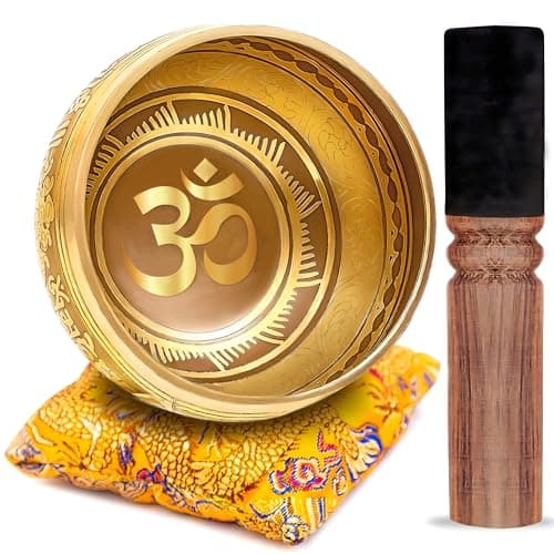 Premium Tibetan Singing Bowl Set, Bronze, Thangka Art (Gold & Yellow) | Easy to play, Rich calming tone, Hand-hammered in Nepal, Thangka art design, Mindfulness gift