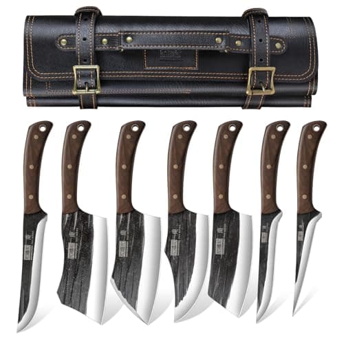 HOSHANHO Butcher Knife Set, Sharp Kitchen Knife Set & Roll Bag Gift for Men | Hand Forged 8PCS Butcher Chef Knife Set with Meat Cleaver Knife & Bone Chopper Knives & Fillet Knives for Home, Camping, BBQ