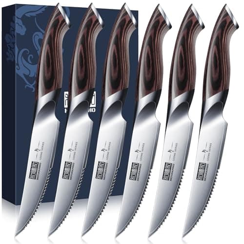 HOSHANHO Steak Knives Set of 6, Ultra Sharp 4.5 In Serrated Steak Knife Set | Japanese High Carbon Stainless Steel Kitchen Steak Knives with Ergonomic Pakkawood Handle, Ideal Gifts